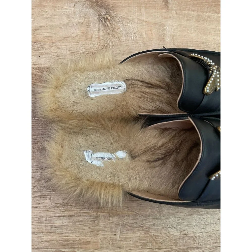 EUC I.N.C Black Leather & Faux Fur Bee Loafers